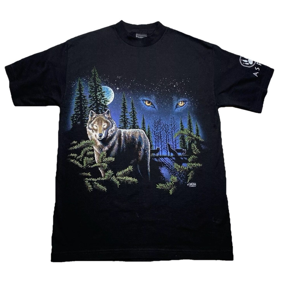 Wolf Pack Wolves Sansegal Men's Medium Vintage T-Shirt 1998 Stars Aspen Black